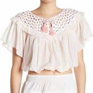 Free People Allora Allora Crochet Neck Striped Crop Top Medium NEW